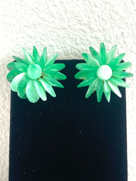 Green Beaded Flower Earrings Hong Kong Clip-on Style