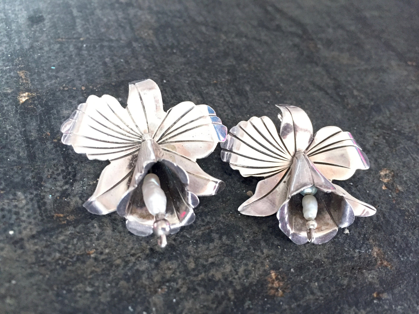 Sterling Silver Orchid Earrings with Baroque Pearls