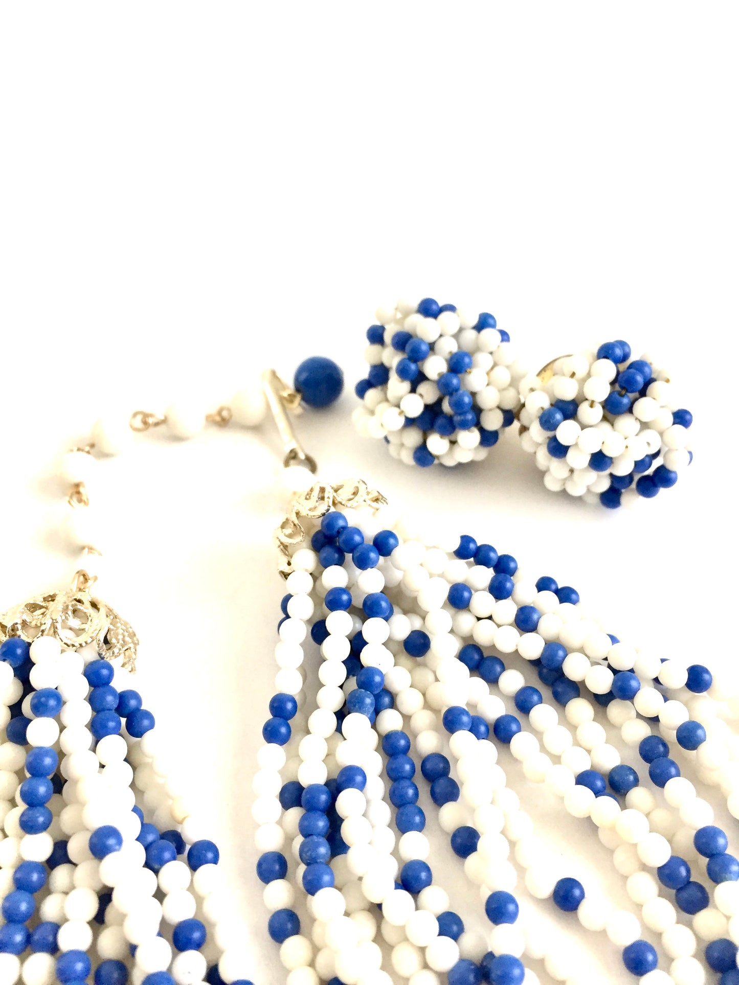 Vintage 1960s Blue and White Beaded Multi Strand Necklace with Matching Earrings