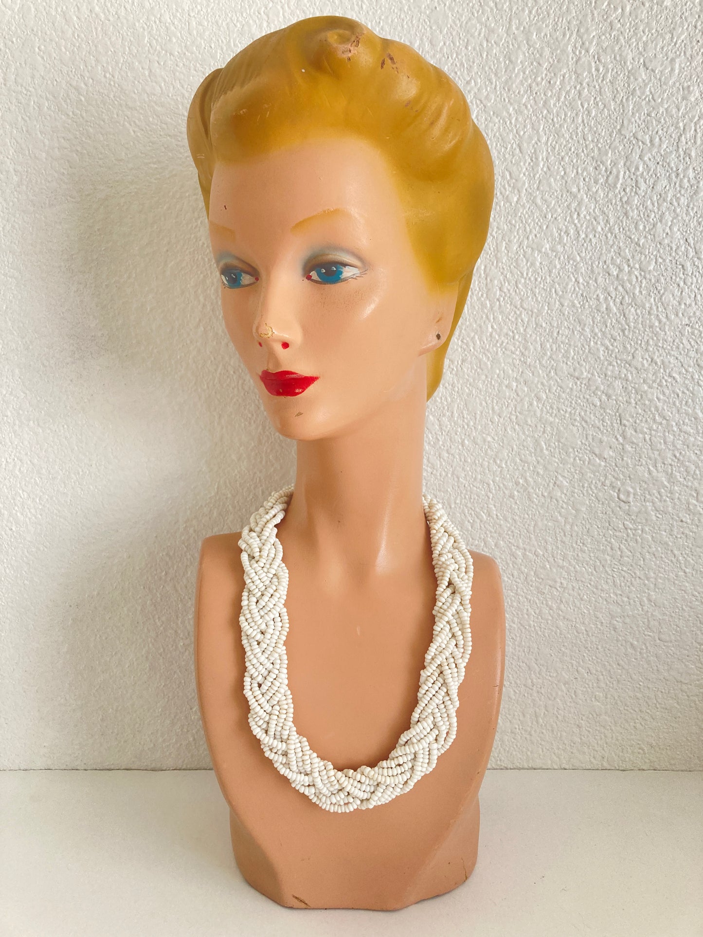 Braided White Glass Beaded Necklace Vintage Seed Beads
