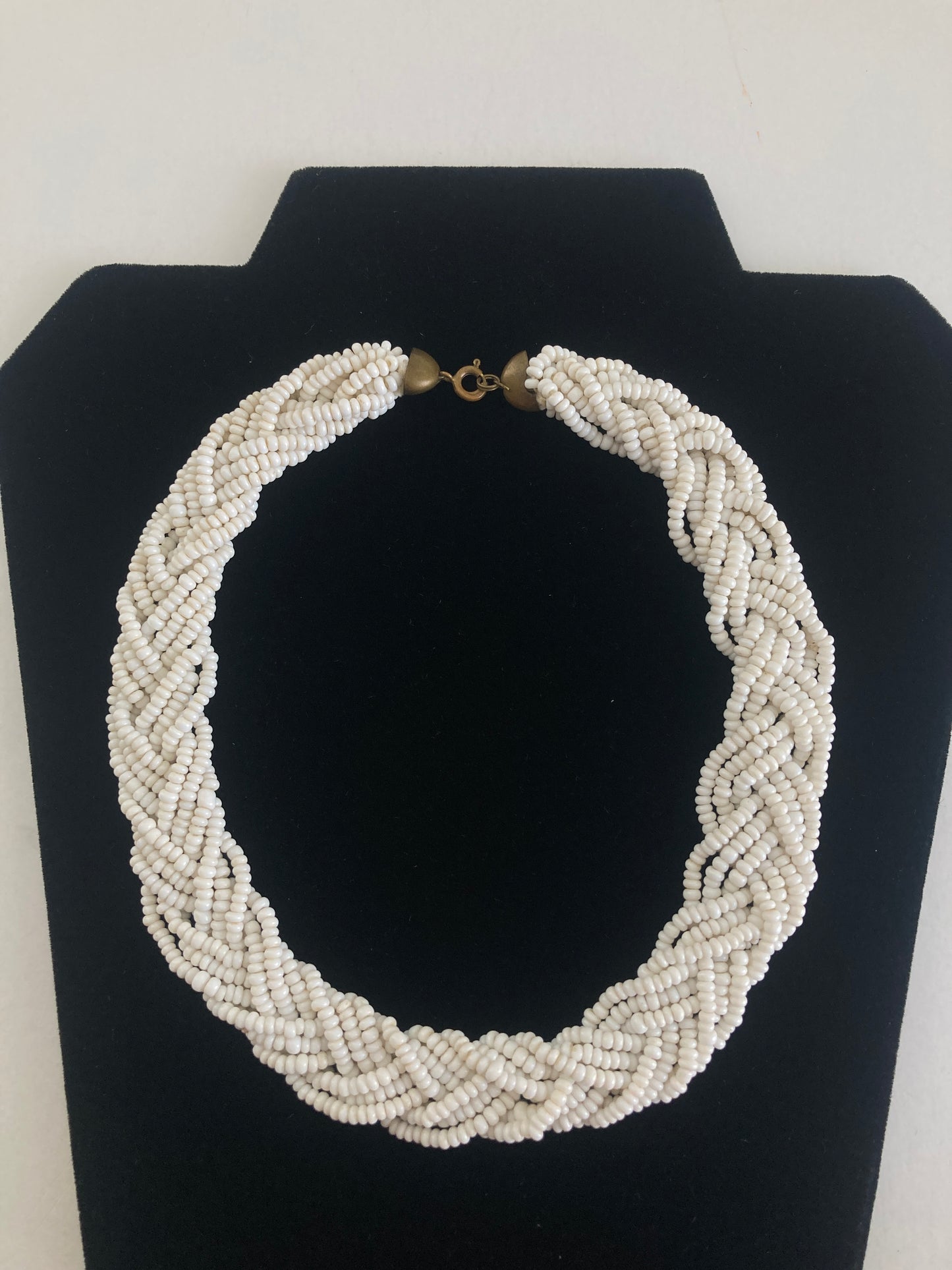 Braided White Glass Beaded Necklace Vintage Seed Beads