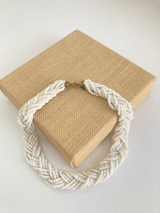 Braided White Glass Beaded Necklace Vintage Seed Beads