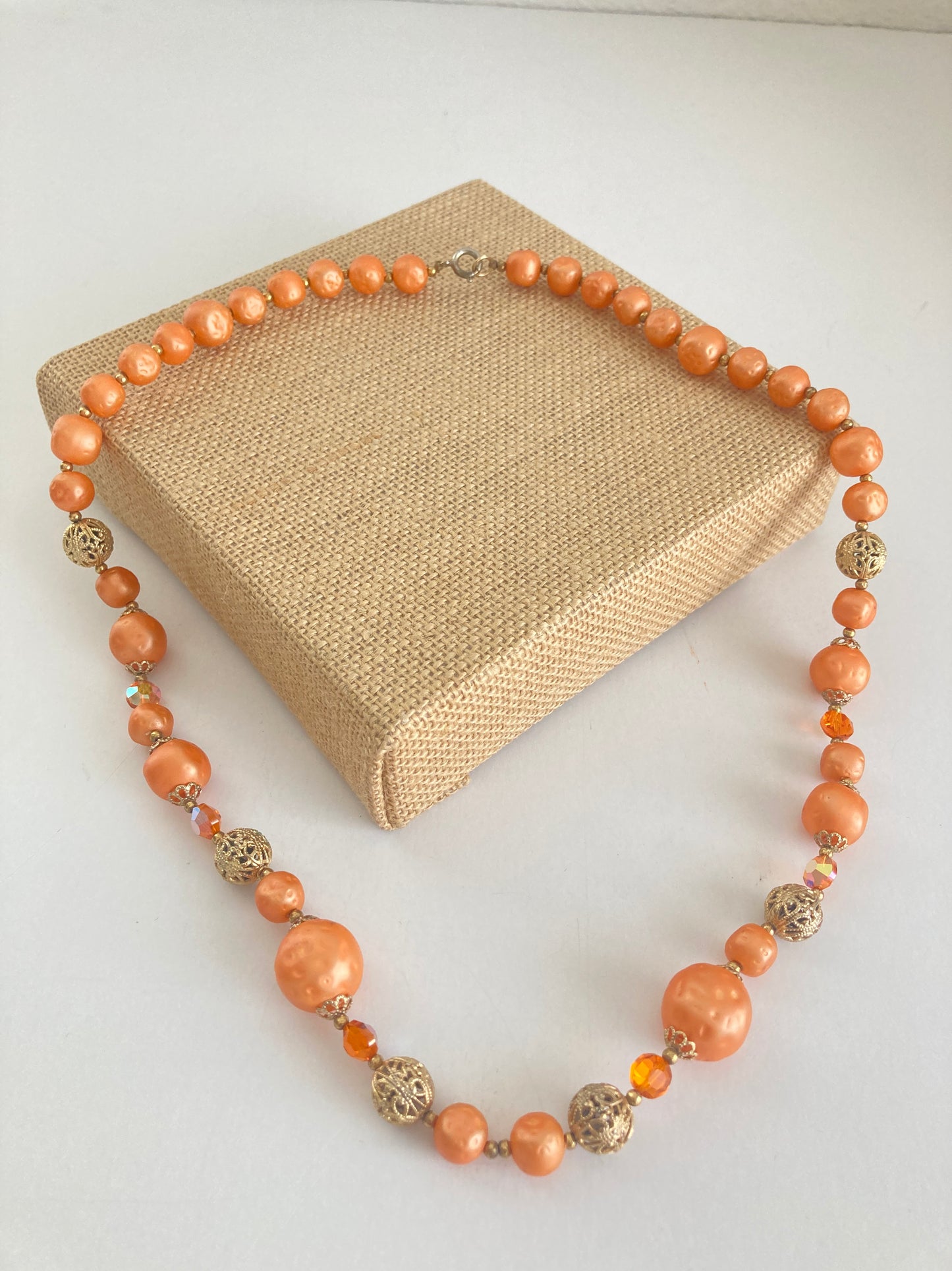Mid Century Orange Beaded Necklace w/ Gold Filigree & AB Crystals