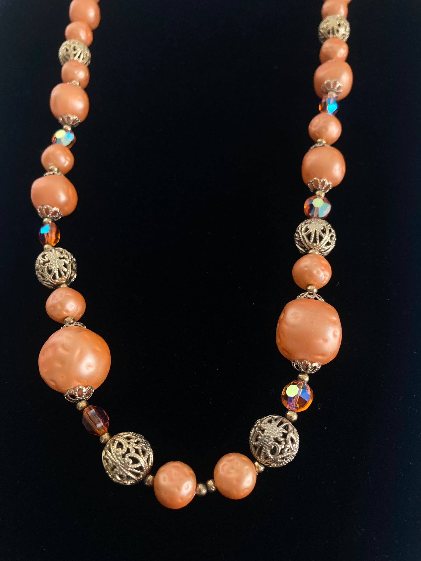 Mid Century Orange Beaded Necklace w/ Gold Filigree & AB Crystals
