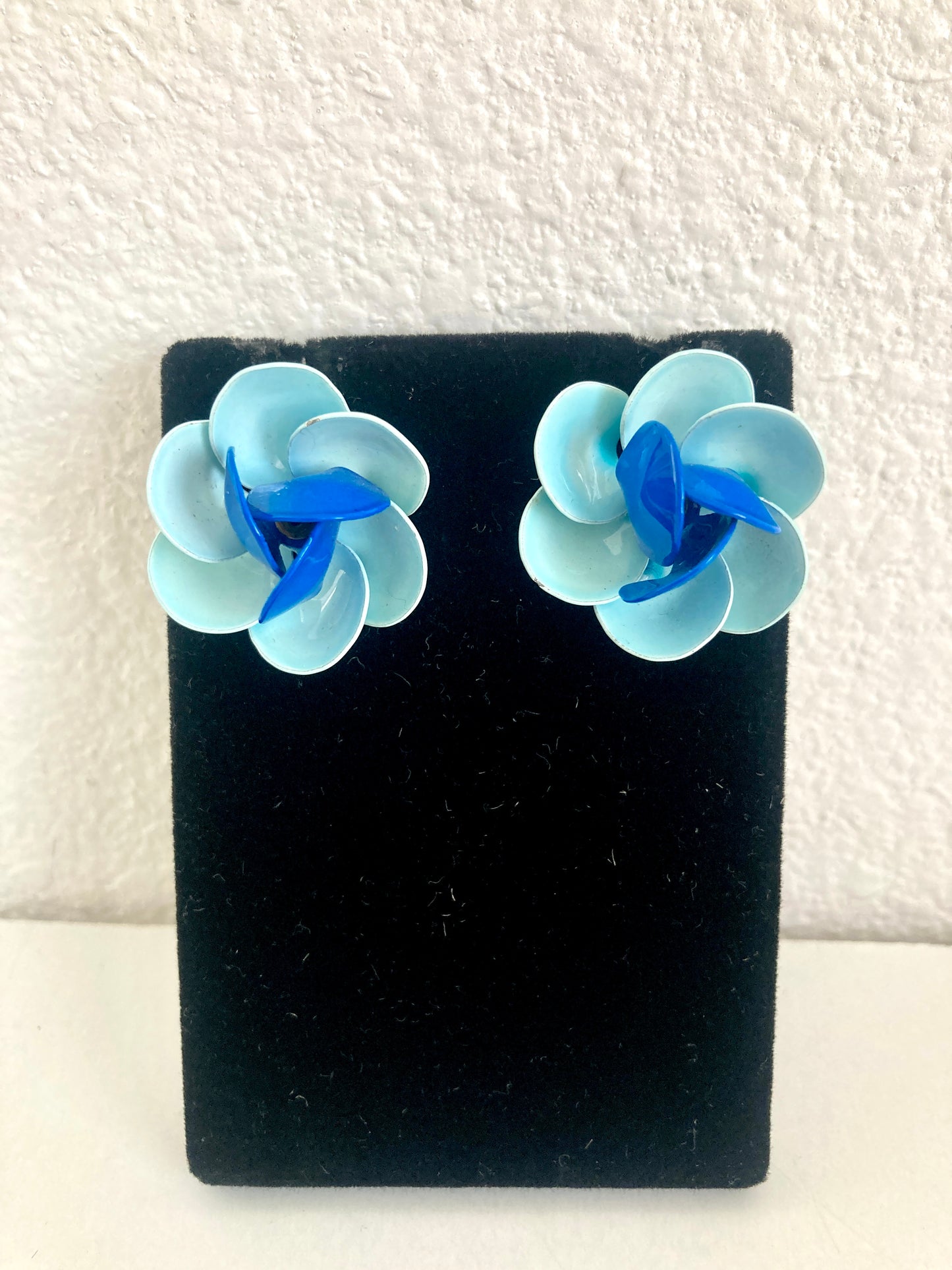 Two Tone Blue Enamel Flower Earrings Clip-on Style