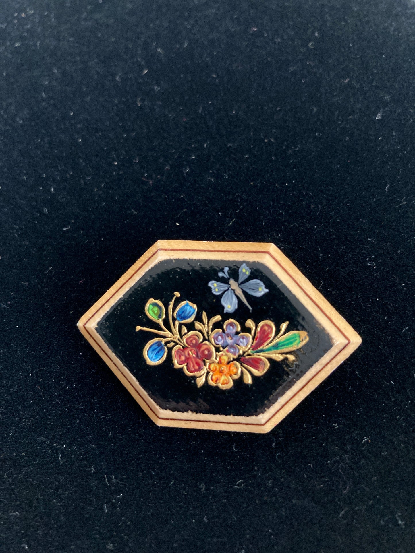 Hand Painted Floral Wood Brooch w/ Butterfly