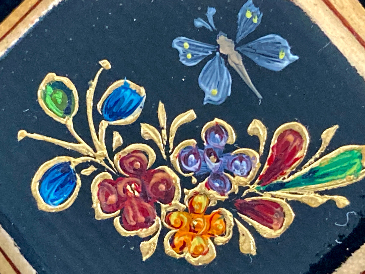 Hand Painted Floral Wood Brooch w/ Butterfly