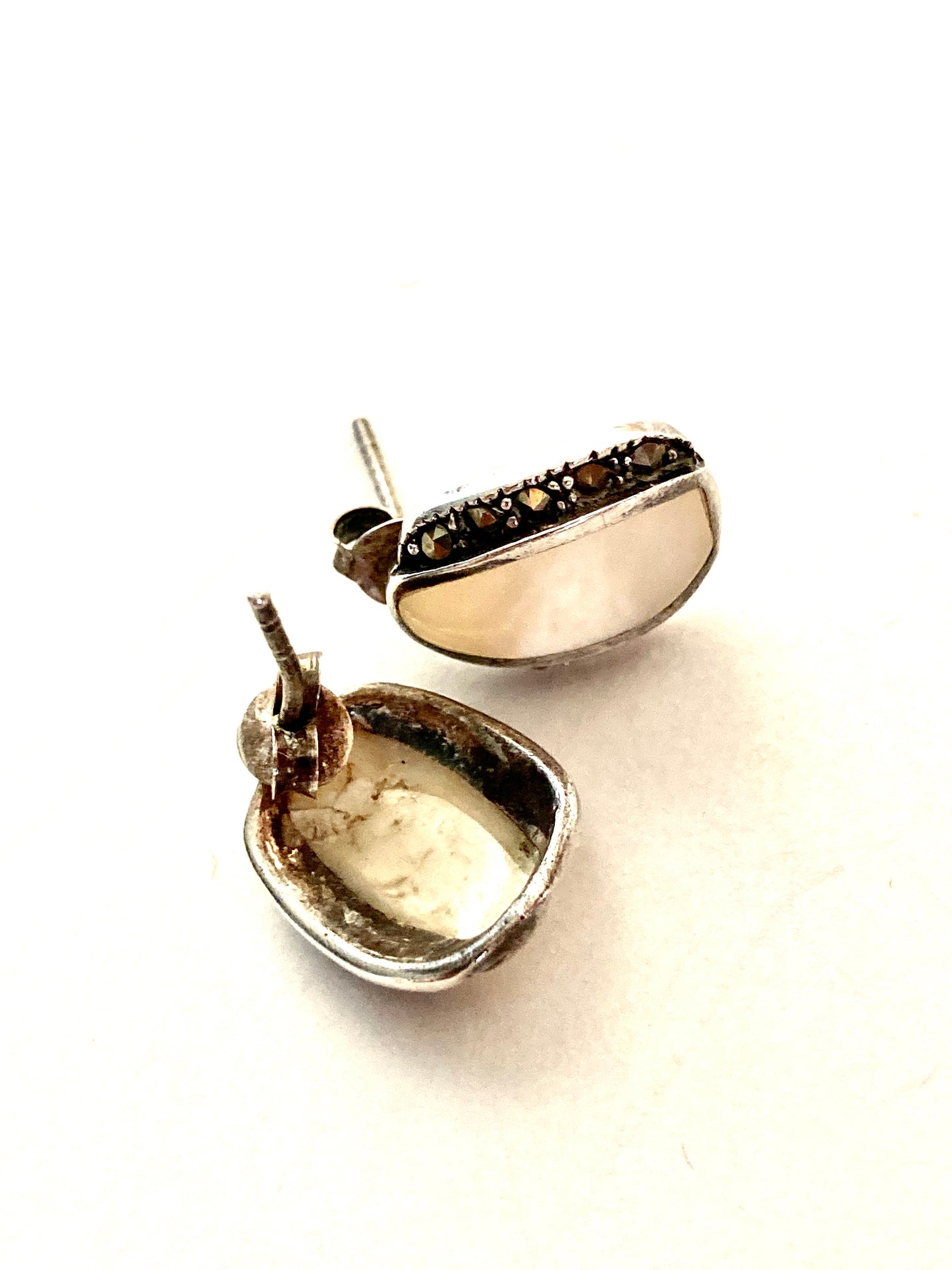 Silver, Marcasite, Mother of Pearl Small Stud Earrings