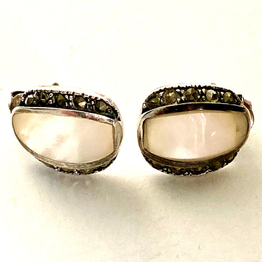 Silver, Marcasite, Mother of Pearl Small Stud Earrings