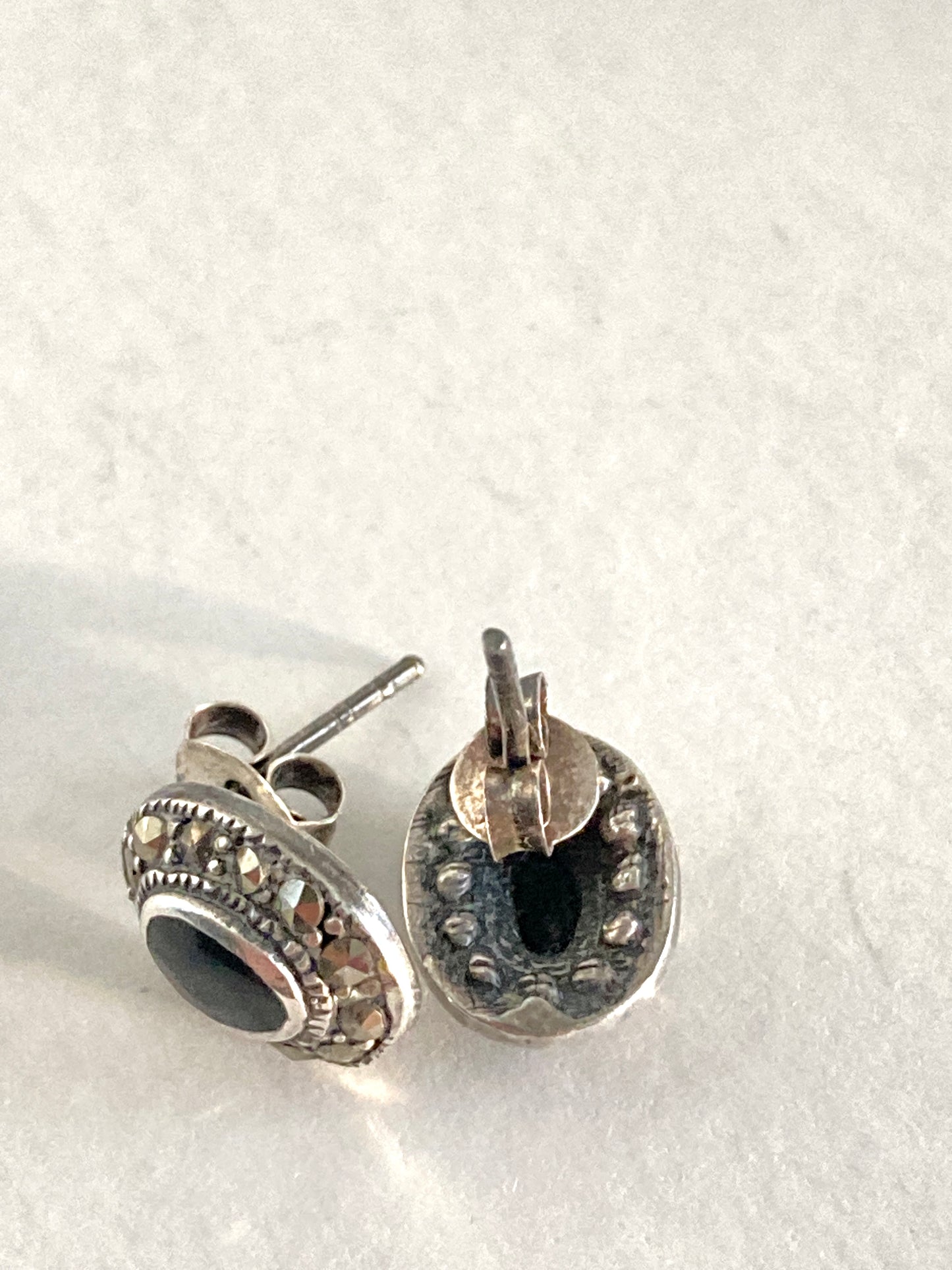 Tiny Sterling Onyx and Marcasite Earrings