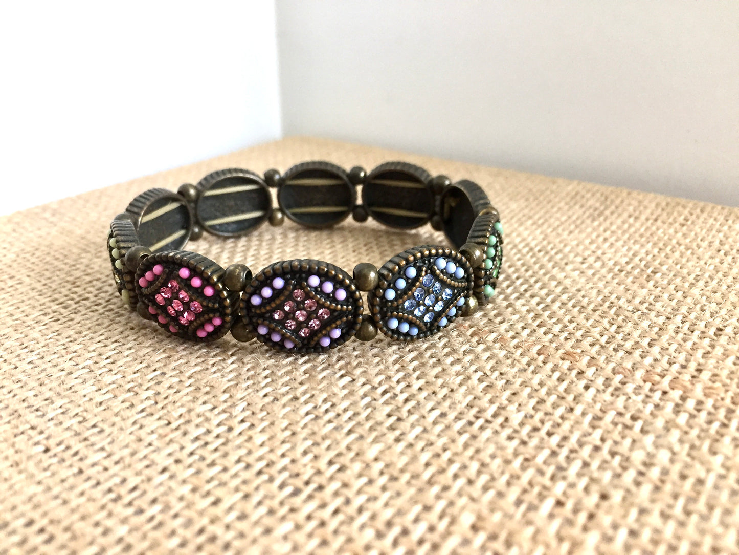 Brass Stretch Panel Bracelet with Pastel Colored Stones and Seed Beads