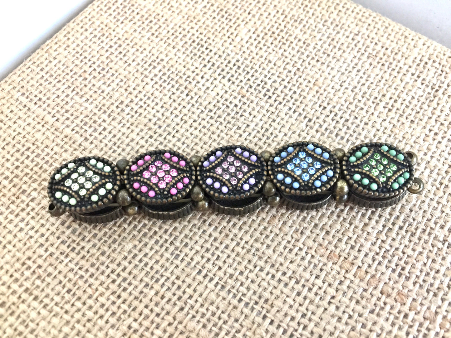 Brass Stretch Panel Bracelet with Pastel Colored Stones and Seed Beads