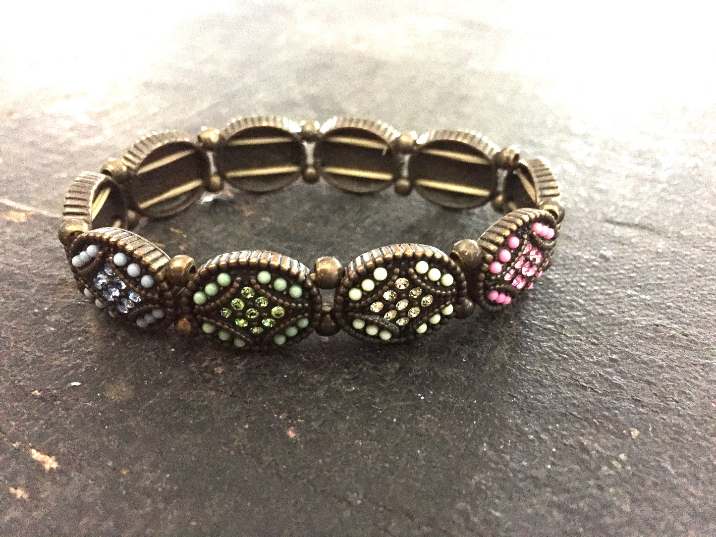 Brass Stretch Panel Bracelet with Pastel Colored Stones and Seed Beads