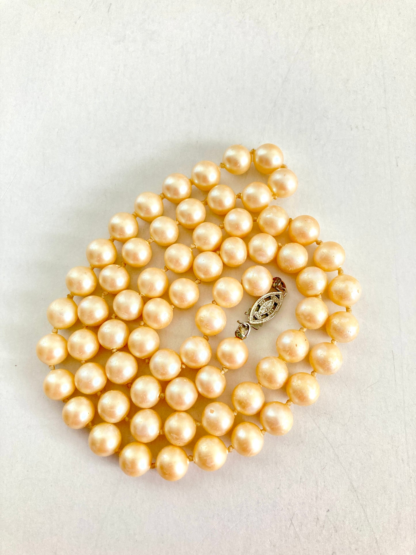 Creamy 24"Knotted Glass Pearl Necklace Single Strand