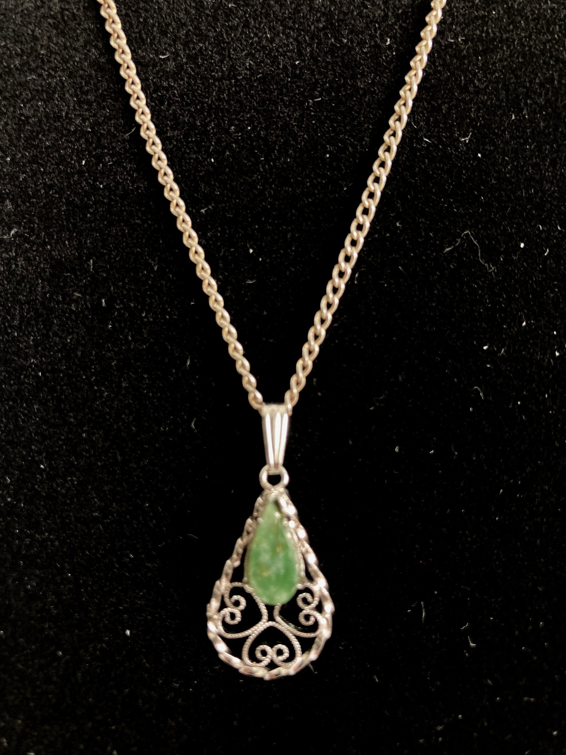 Sterling Silver Nephrite/Jadeite Filigree Teardrop Pendant Necklace