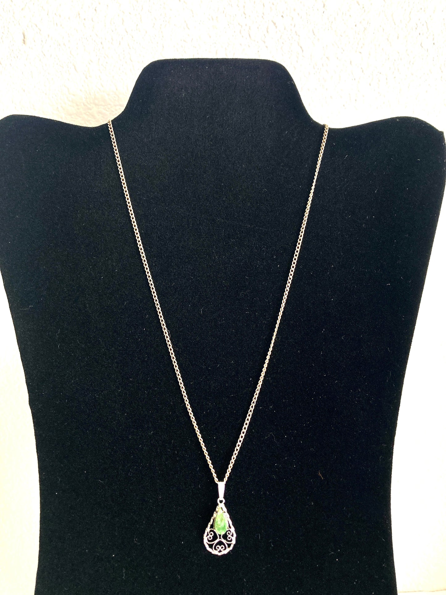 Sterling Silver Nephrite/Jadeite Filigree Teardrop Pendant Necklace