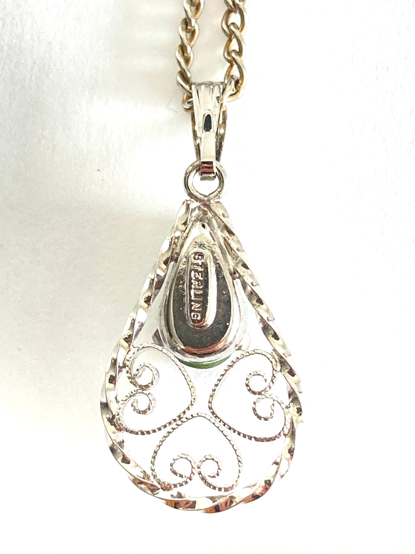 Sterling Silver Nephrite/Jadeite Filigree Teardrop Pendant Necklace