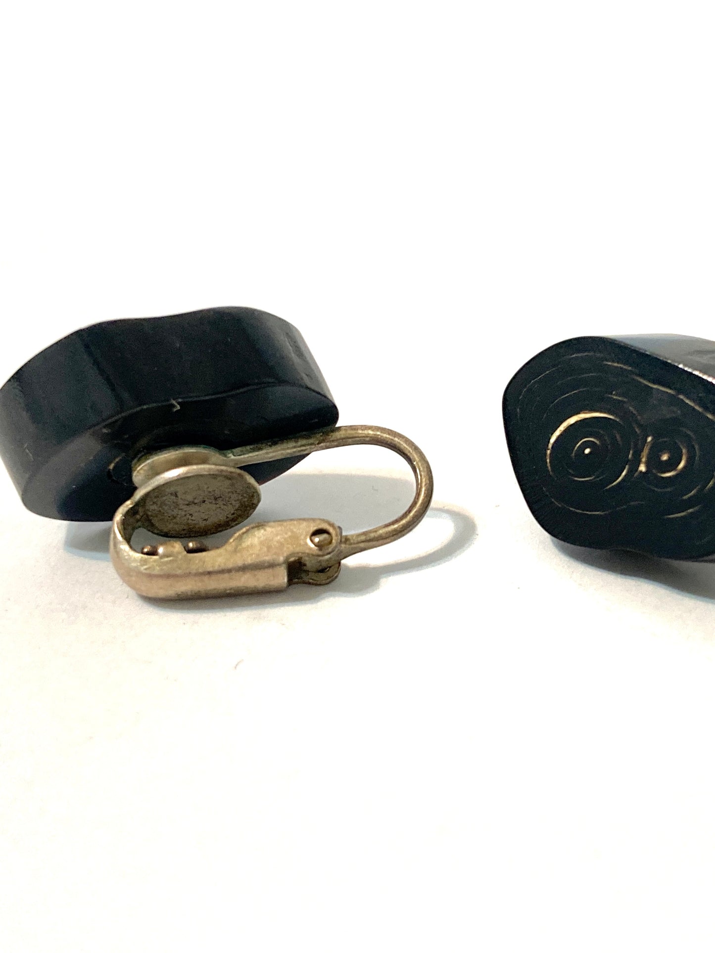 Black Coral Slice Earrings Marked Sterling