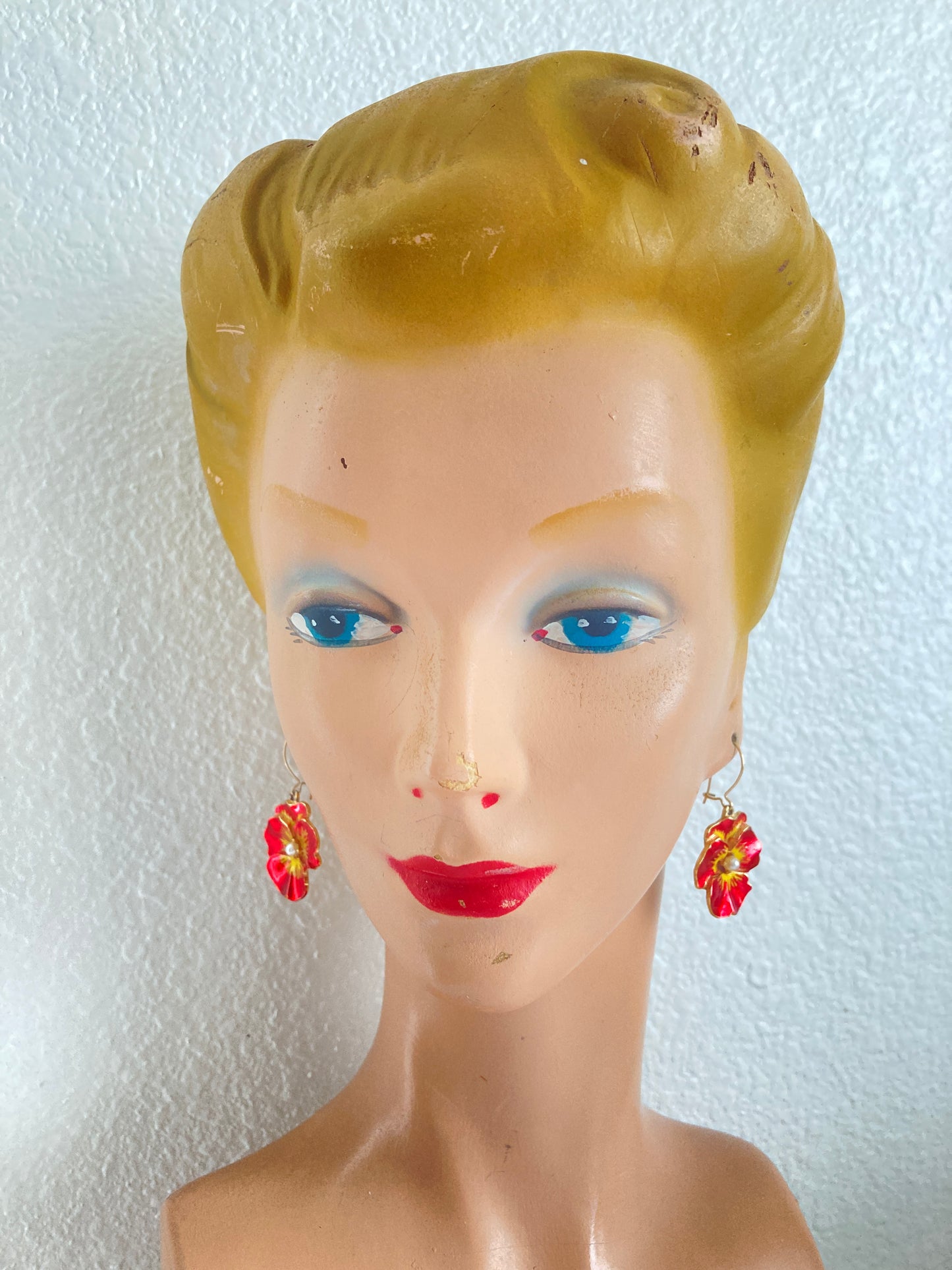 Red and Yellow Pansy Earrings With Pearl Centers