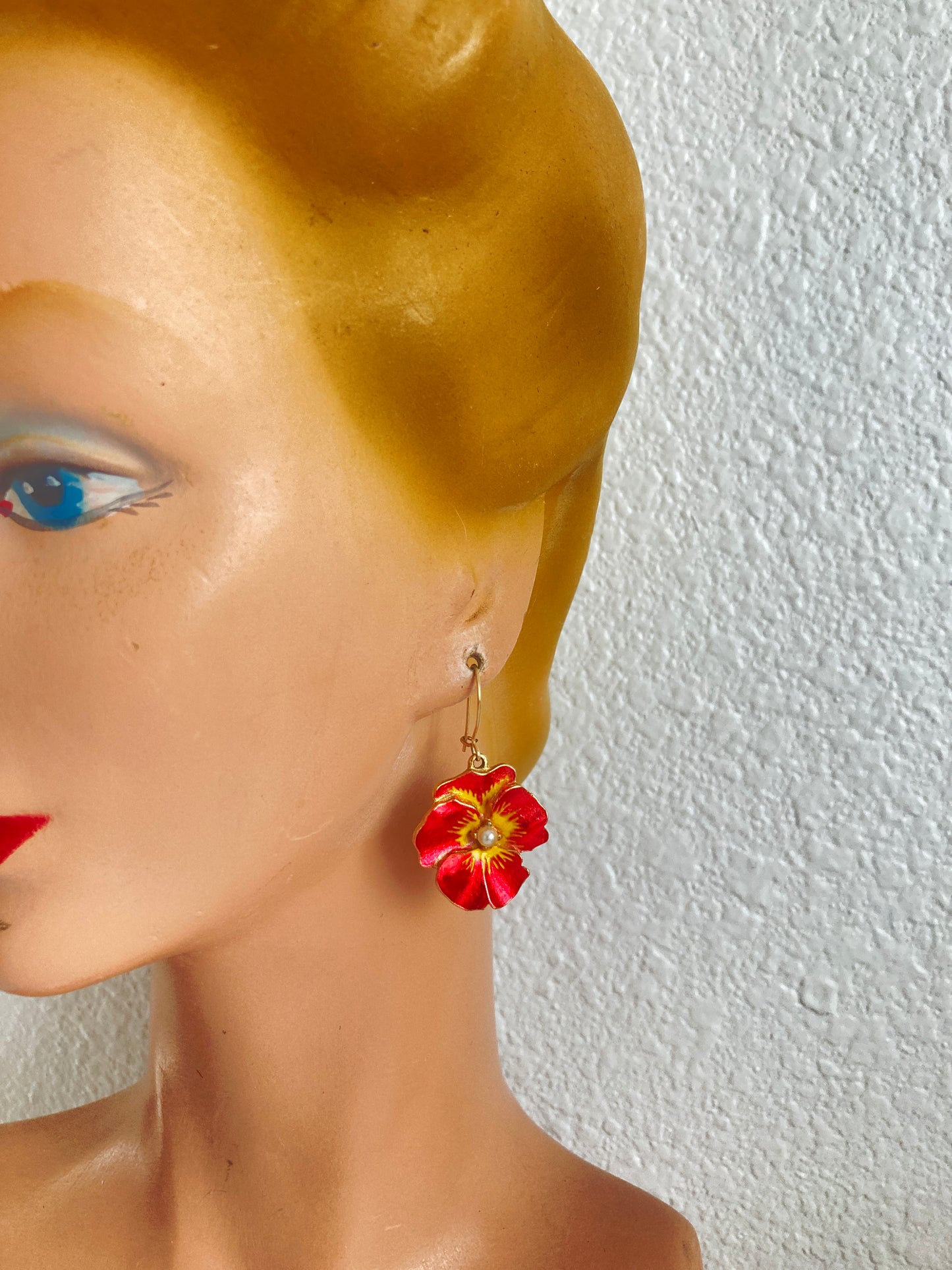 Red and Yellow Pansy Earrings With Pearl Centers