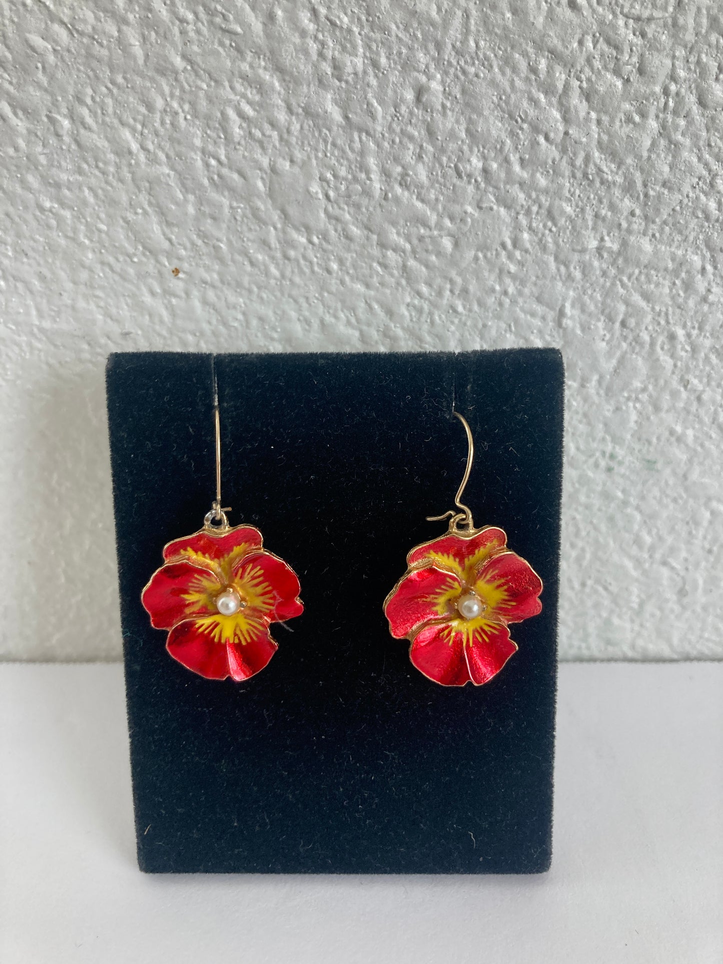 Red and Yellow Pansy Earrings With Pearl Centers