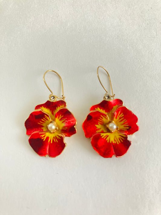 Red and Yellow Pansy Earrings With Pearl Centers