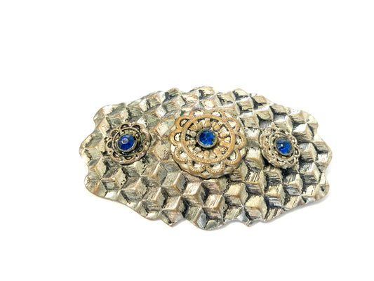 Vintage Silver-tone Brooch Honeycomb w/ Blue Stones