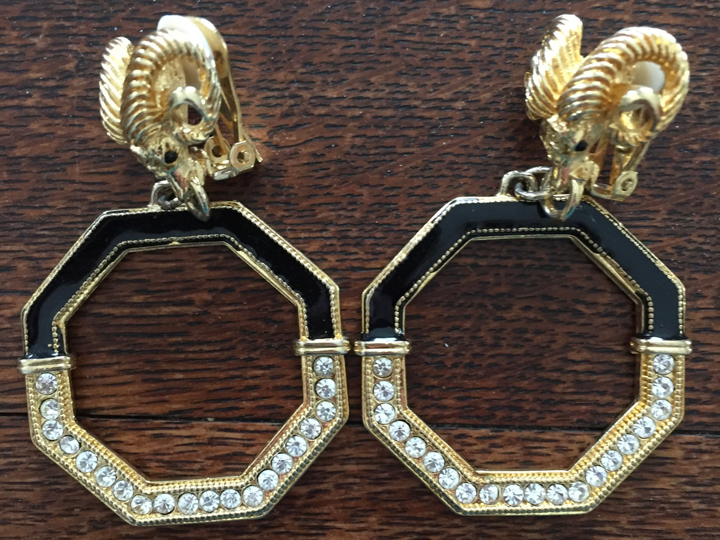 Door Knocker Earrings Rams Head Rhinestone and Black Enamel