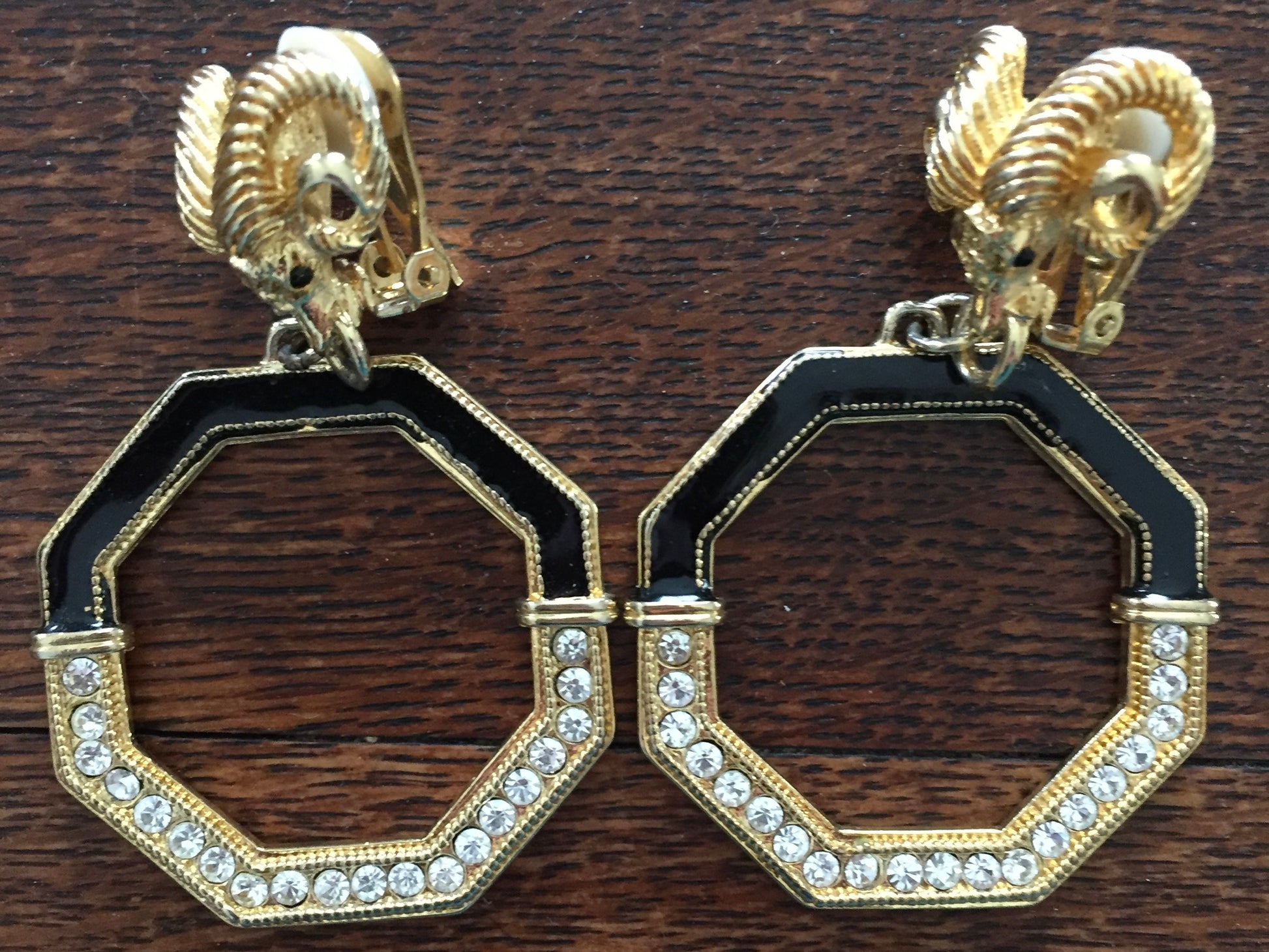 Door Knocker Earrings Rams Head Rhinestone and Black Enamel