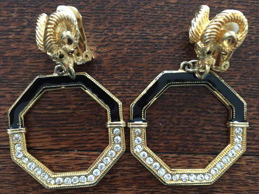 Door Knocker Earrings Rams Head Rhinestone and Black Enamel