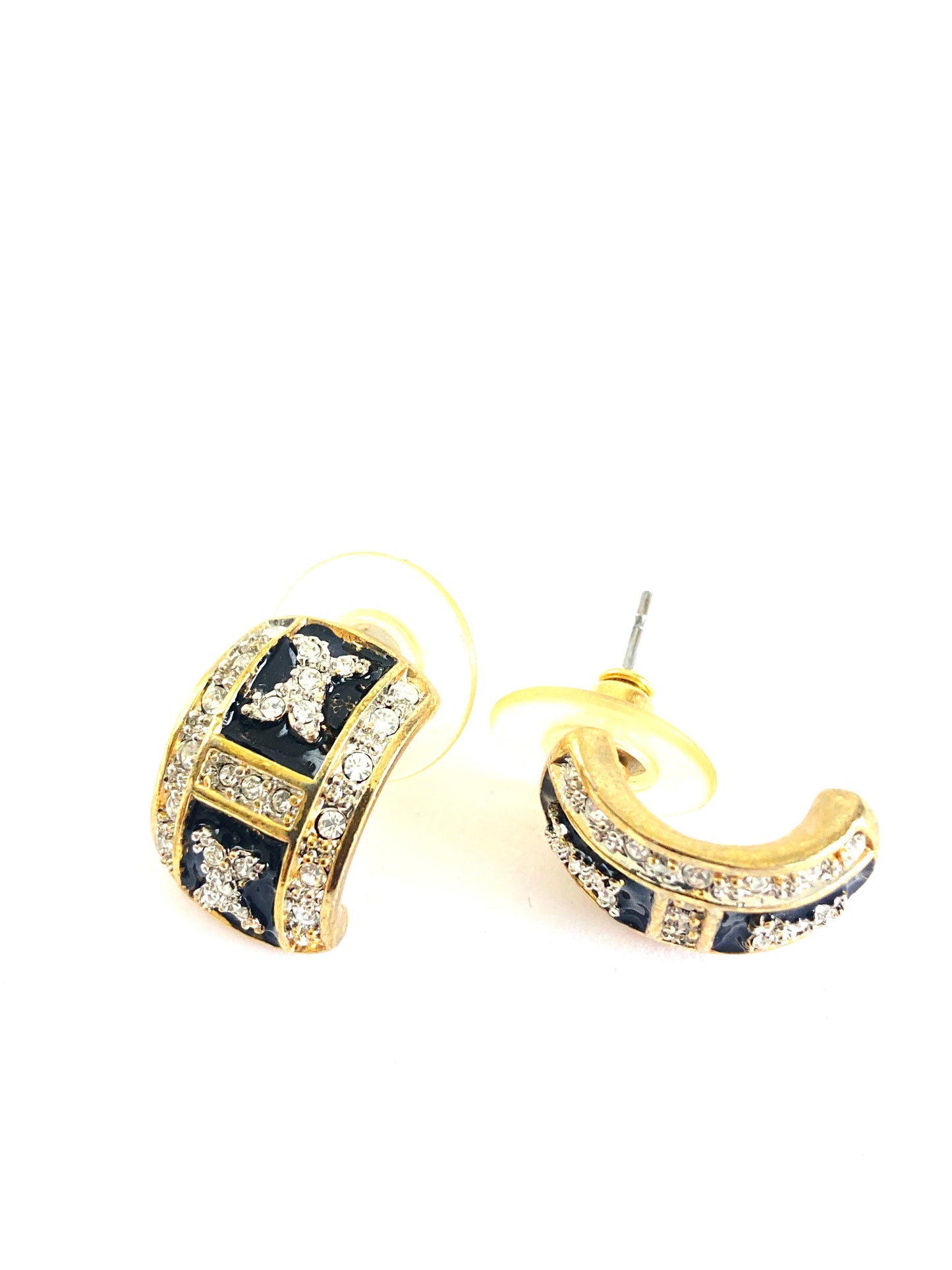 Black Enamel and Gold Tone Ear Huggers Rhinestone Encrusted