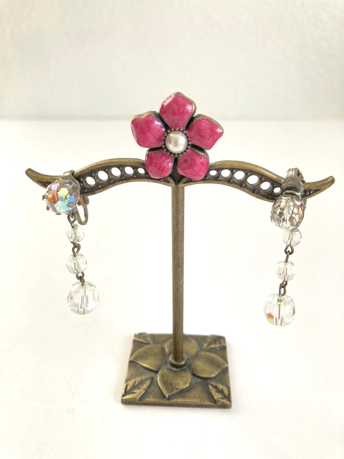 Vintage Aurora Borealis Crystal Cascade Drop Earrings Clip Ons