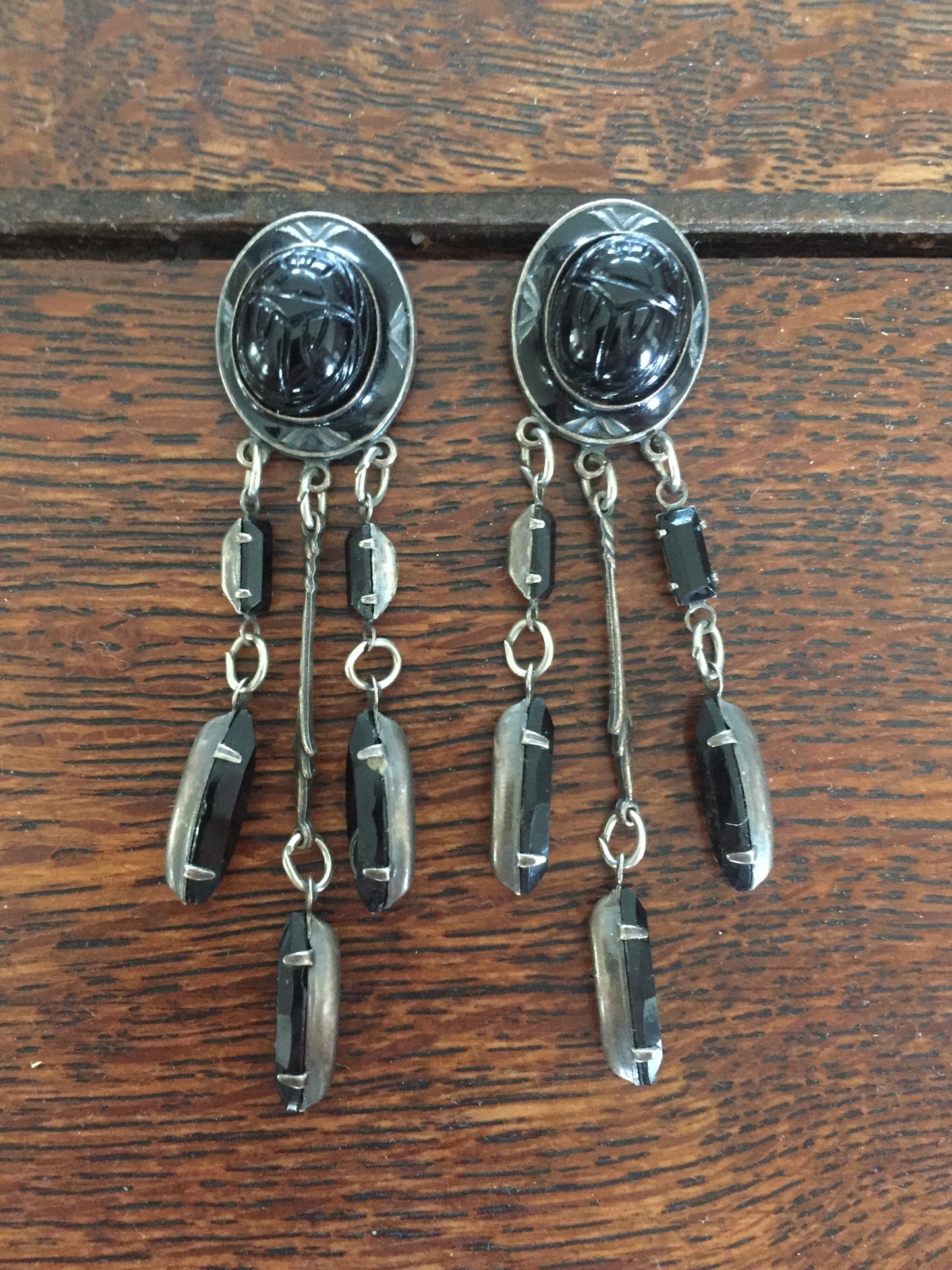 Scarab Earrings with Dangle Beads in Black
