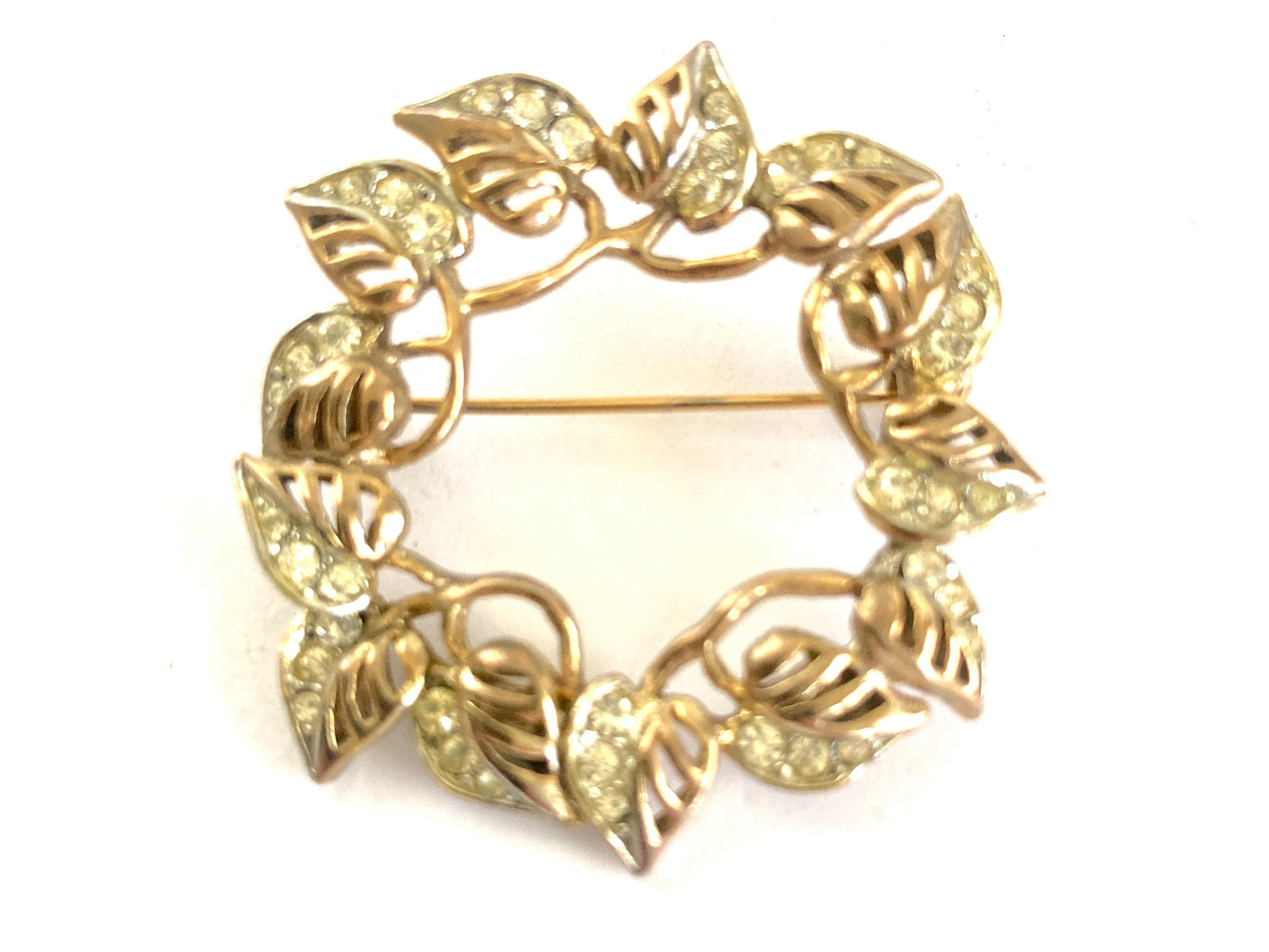 Vintage Circle Brooch Leaves and Rhinestones