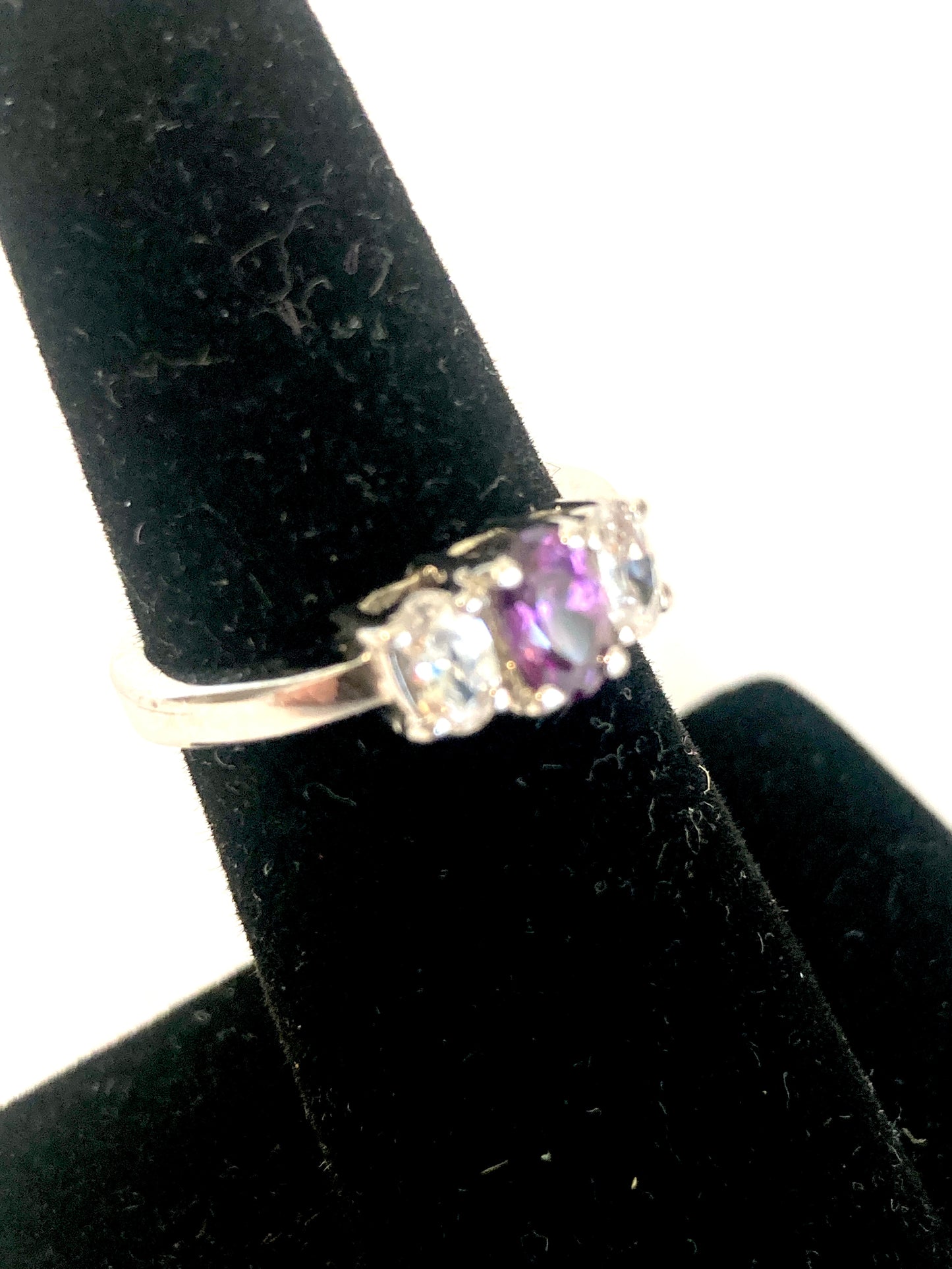 Three Stone Amethyst and Cubic Zirconia Ring