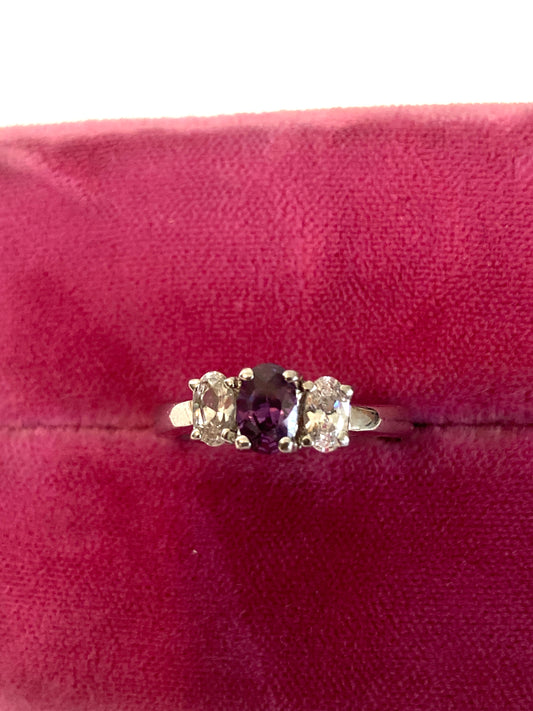 Three Stone Amethyst and Cubic Zirconia Ring