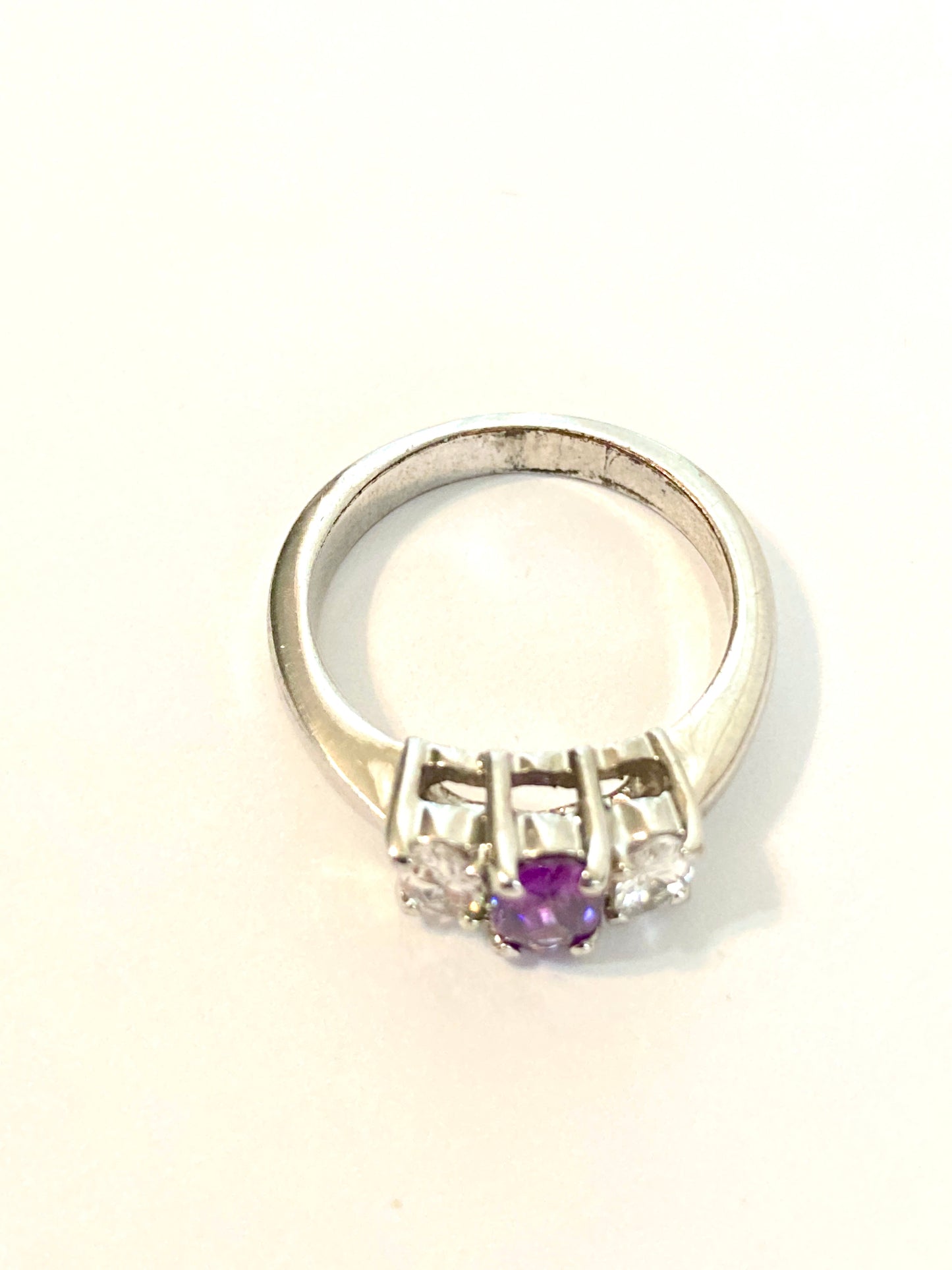 Three Stone Amethyst and Cubic Zirconia Ring
