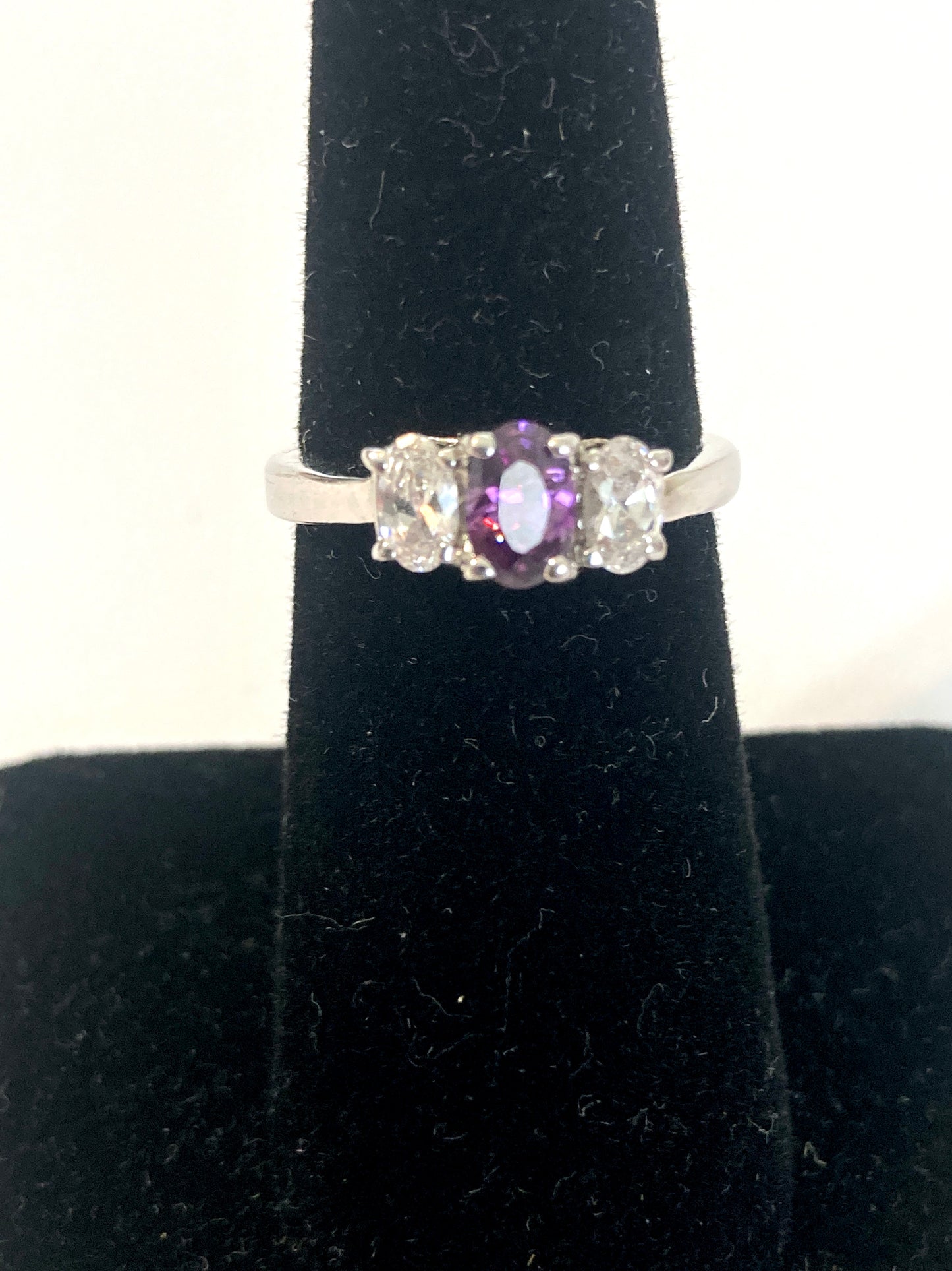 Three Stone Amethyst and Cubic Zirconia Ring