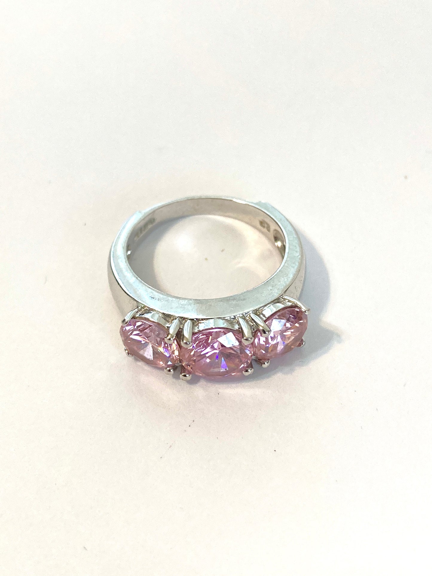 Pink 3 Stone Ring Rhodium Plated Silver Size 6 1/2