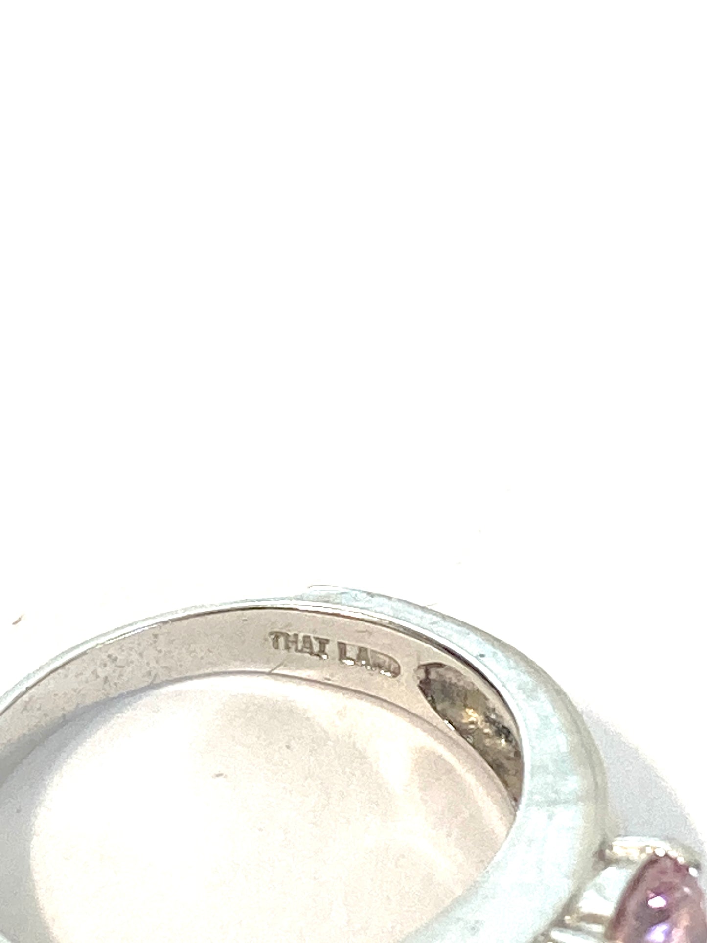 Pink 3 Stone Ring Rhodium Plated Silver Size 6 1/2