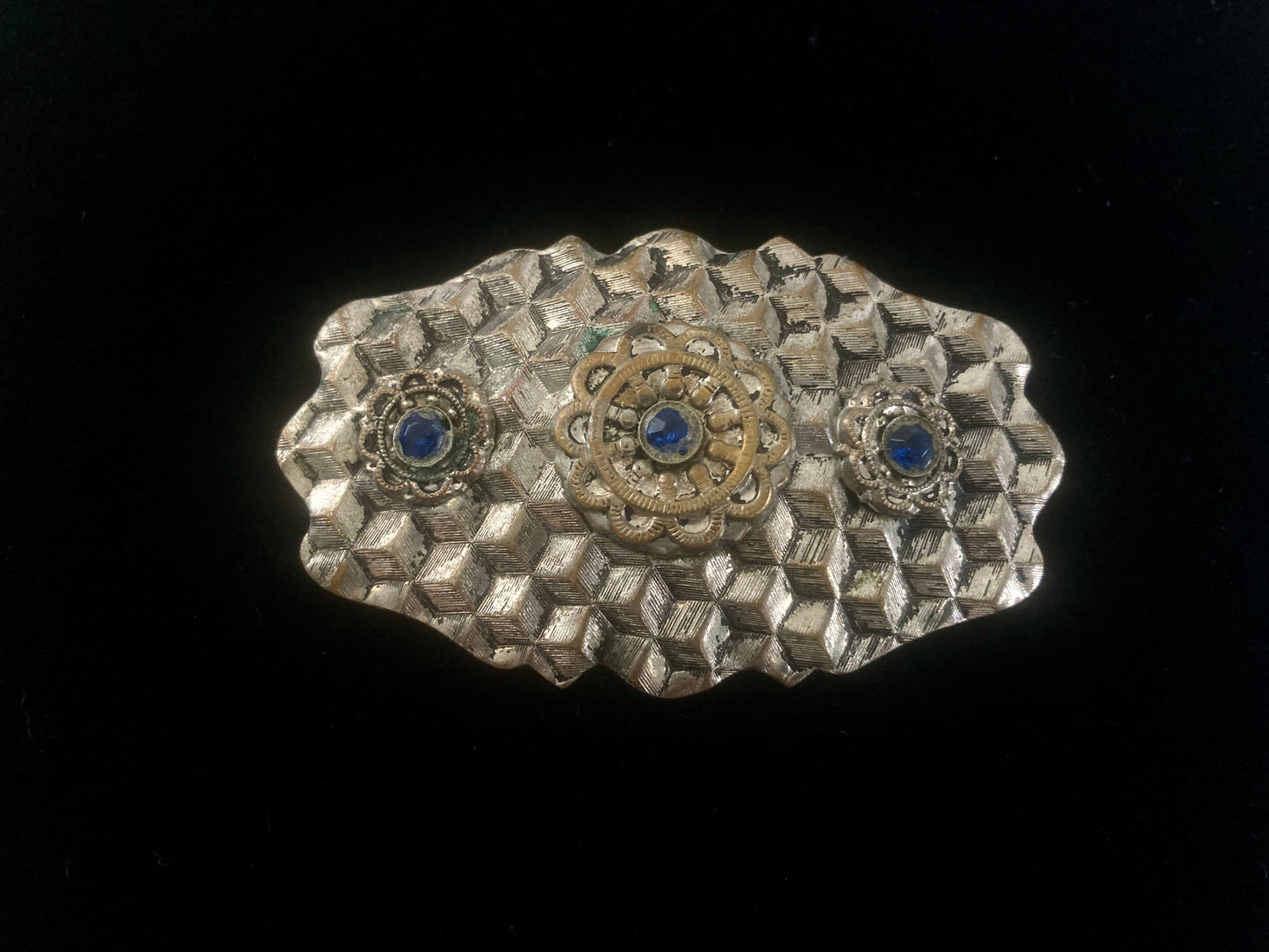 Vintage Silver-tone Brooch Honeycomb w/ Blue Stones