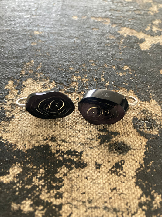 Black Coral Slice Earrings Marked Sterling