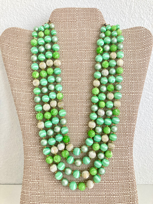 Green Four Strand Bead Necklace Marked Japan