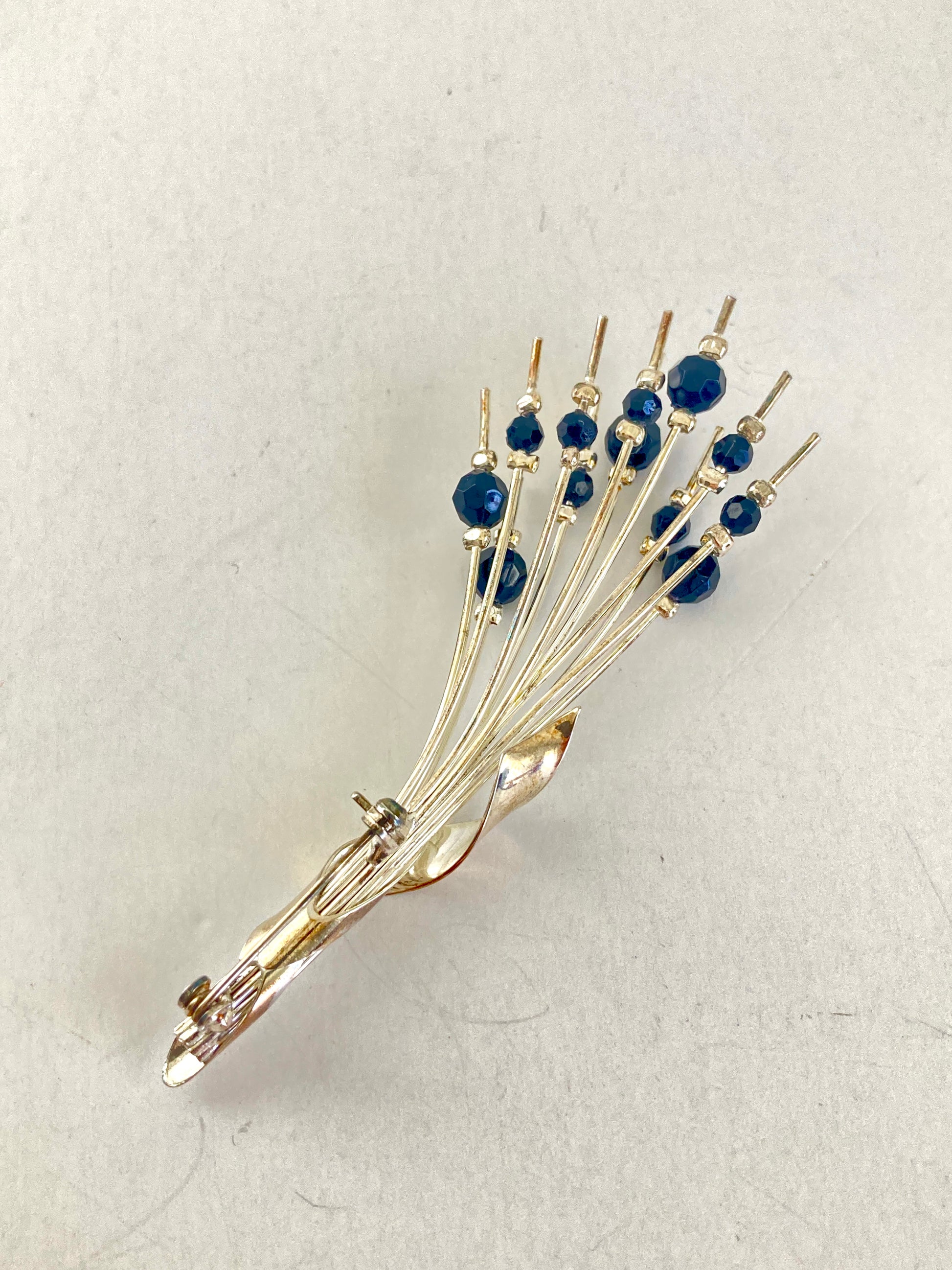 Silver Floral Spray Brooch with Black Beads