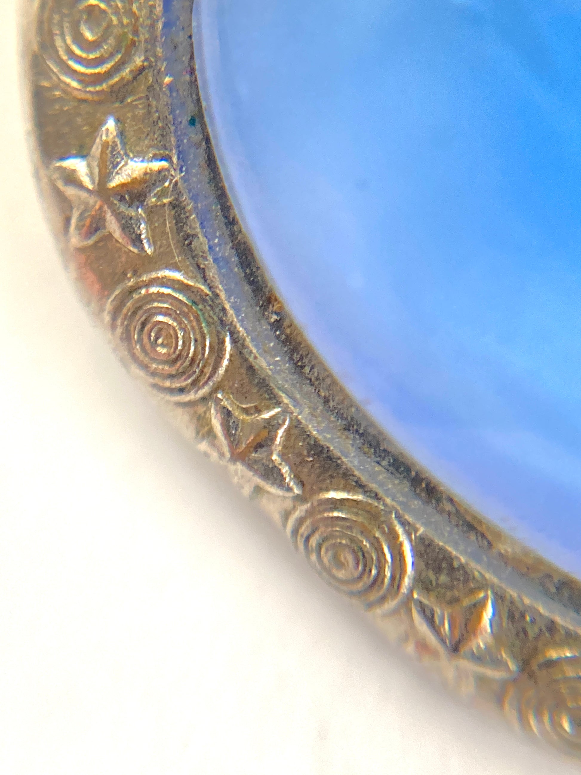 Blue Star Sapphire Glass Oval Brooch w/ Moon and Stars