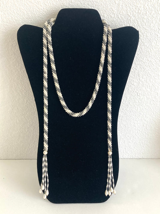 Gray and White Beaded Sautoir Necklace