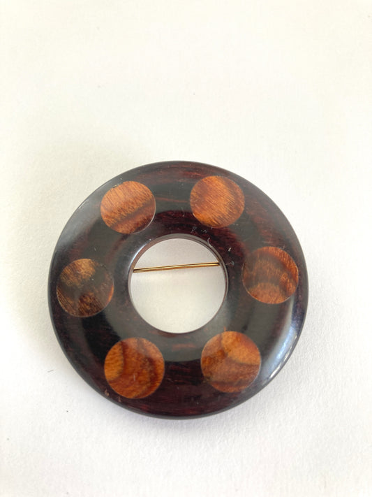 Inlaid Wood Circle Brooch