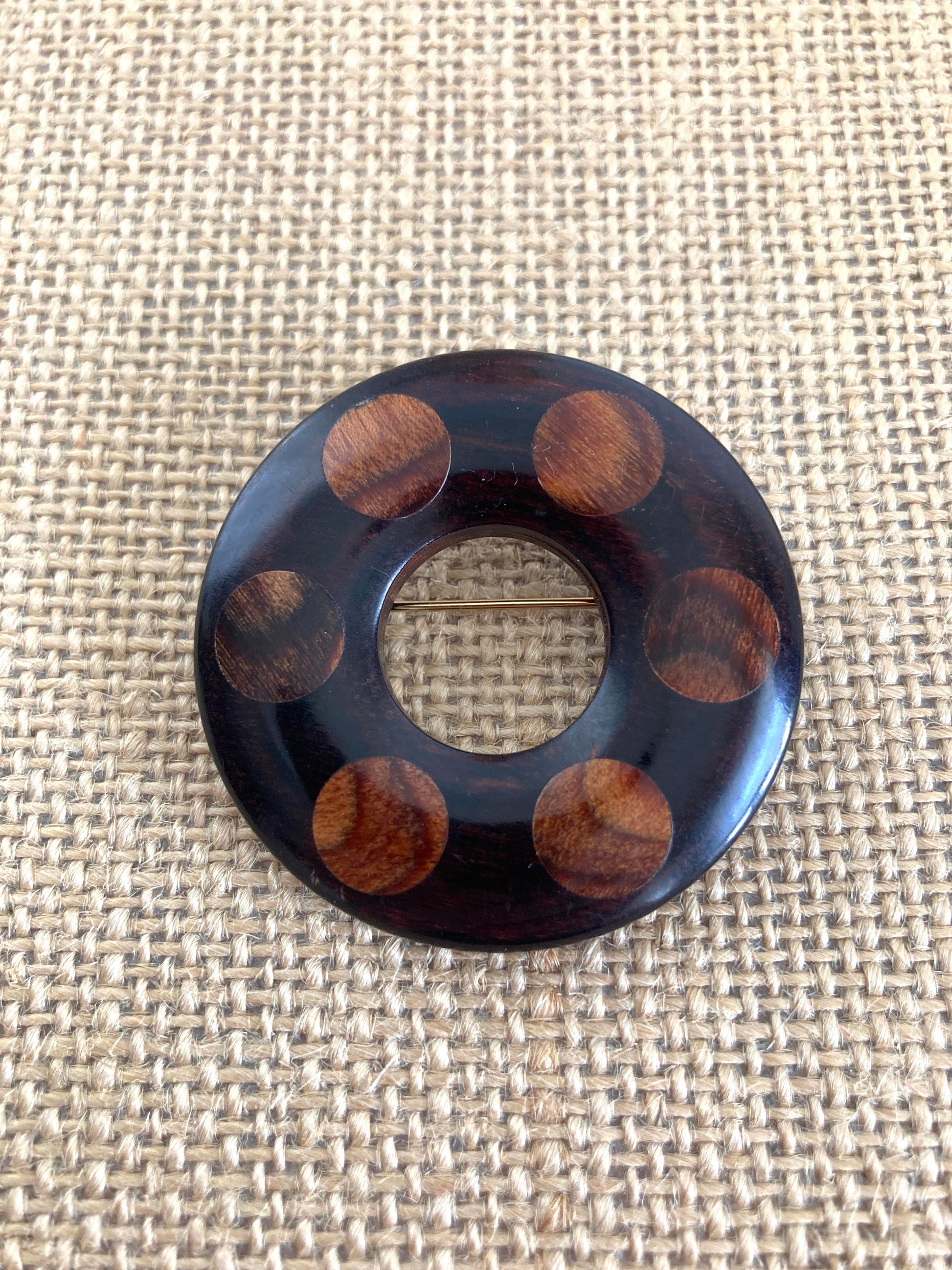 Inlaid Wood Circle Brooch