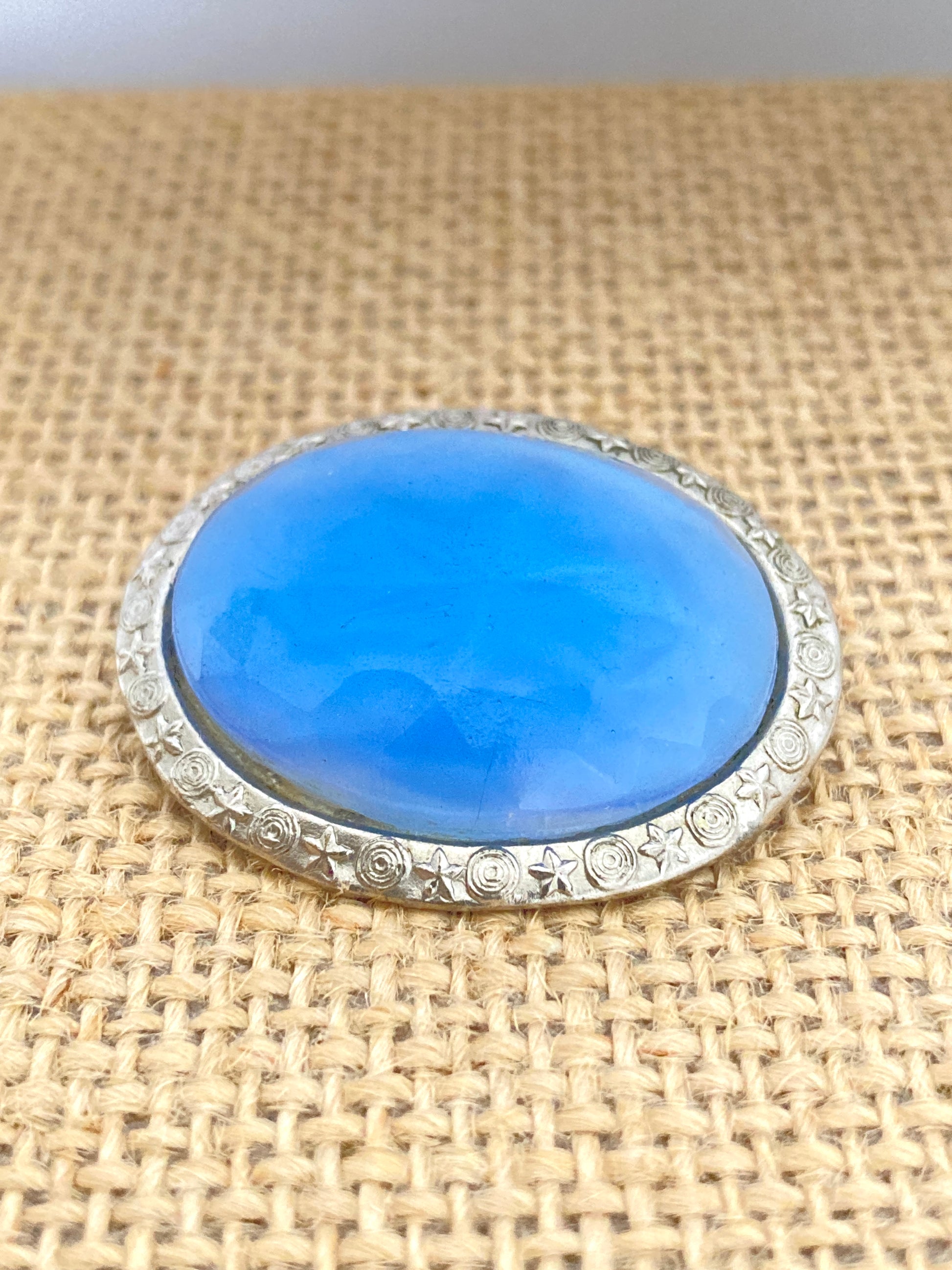 Blue Star Sapphire Glass Oval Brooch w/ Moon and Stars