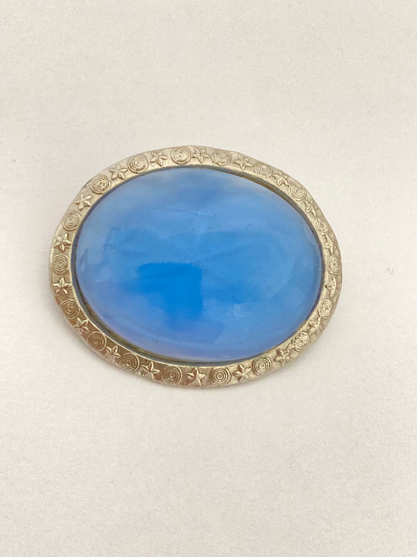 Blue Star Sapphire Glass Oval Brooch w/ Moon and Stars